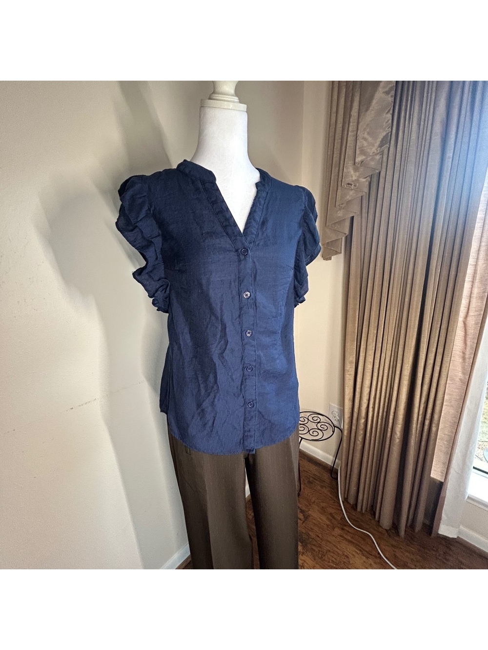 Navy Blue medium Ruffled Sleeve Button-Up Blouse